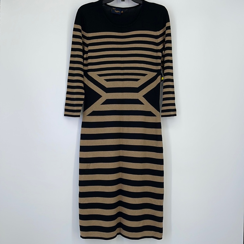 Just Taylor Women M Striped Knit Bodycon Midi Dress Black Tan NWT